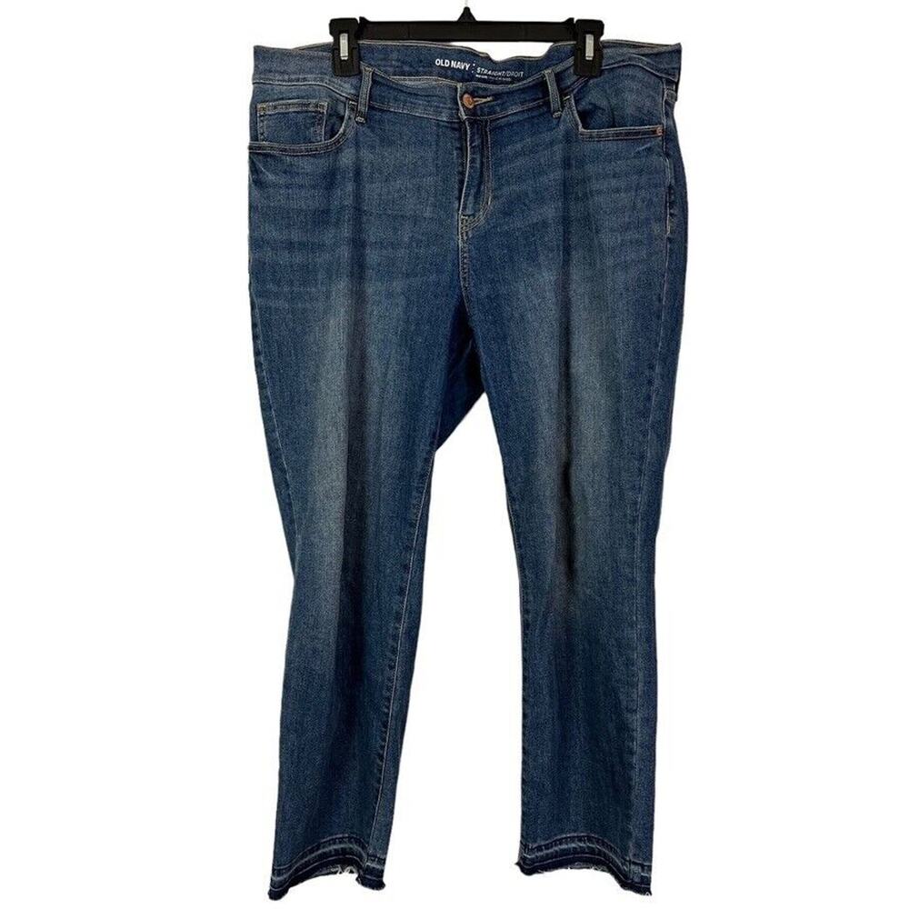 Old Navy Straight Mid Rise Raw Hem Womens Distressed Stretch Blue Jeans sz 14